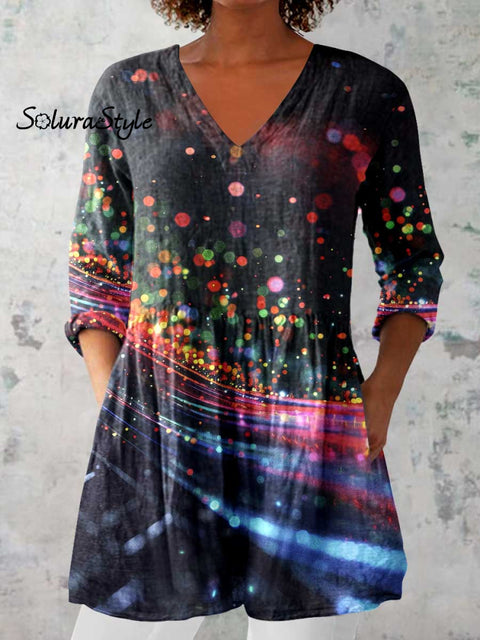 Women’s Art Color Dot Print V-Neck Cotton and Linen Top Black / S