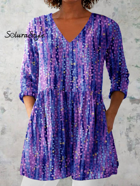 Women’s Art Color Dot Print V-Neck Cotton and Linen Top Purple / S