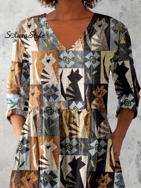 Women’s Art Geometric Cat Print V-Neck Cotton and Linen Top