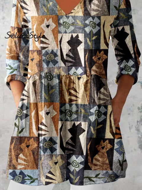 Women’s Art Geometric Cat Print V-Neck Cotton and Linen Top