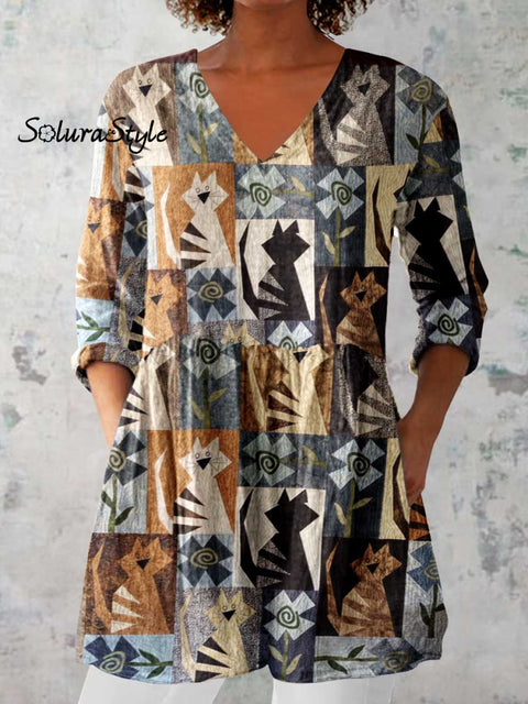 Women’s Art Geometric Cat Print V-Neck Cotton and Linen Top Multicolor / S