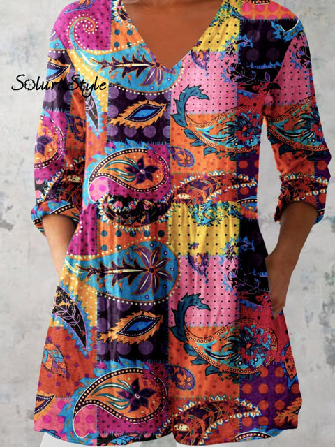 Women’s Art Geometric Floral Print V-Neck Cotton and Linen Top