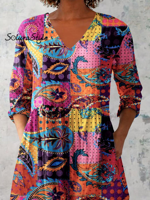 Women’s Art Geometric Floral Print V-Neck Cotton and Linen Top