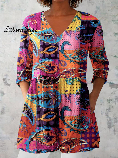 Women’s Art Geometric Floral Print V-Neck Cotton and Linen Top Multicolor / S