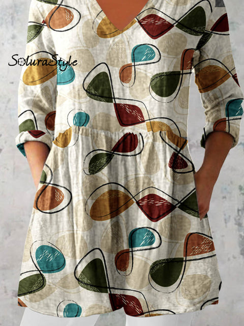 Women’s Art Geometric Print V-Neck Cotton and Linen Top