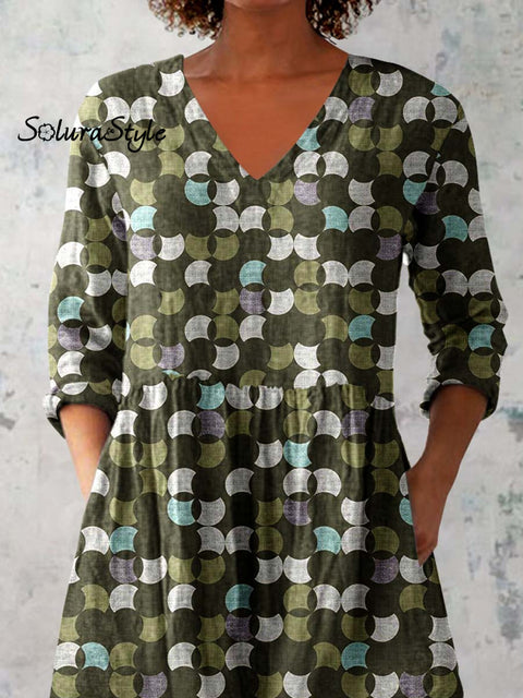 Women’s Art Geometric Print V-Neck Cotton and Linen Top