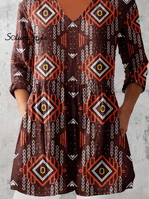 Women’s Art Geometric Print V-Neck Cotton and Linen Top
