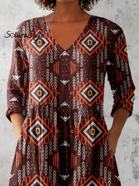 Women’s Art Geometric Print V-Neck Cotton and Linen Top