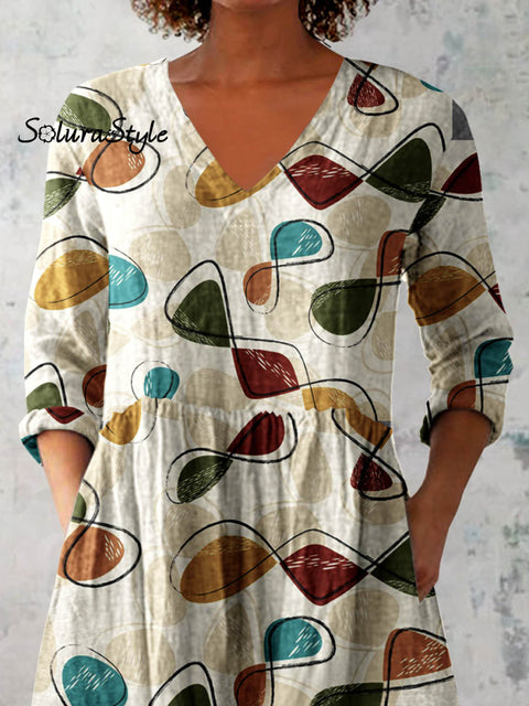 Women’s Art Geometric Print V-Neck Cotton and Linen Top