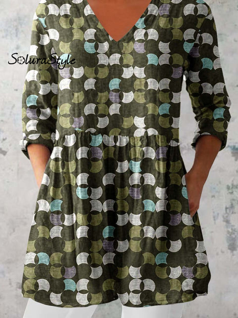 Women’s Art Geometric Print V-Neck Cotton and Linen Top