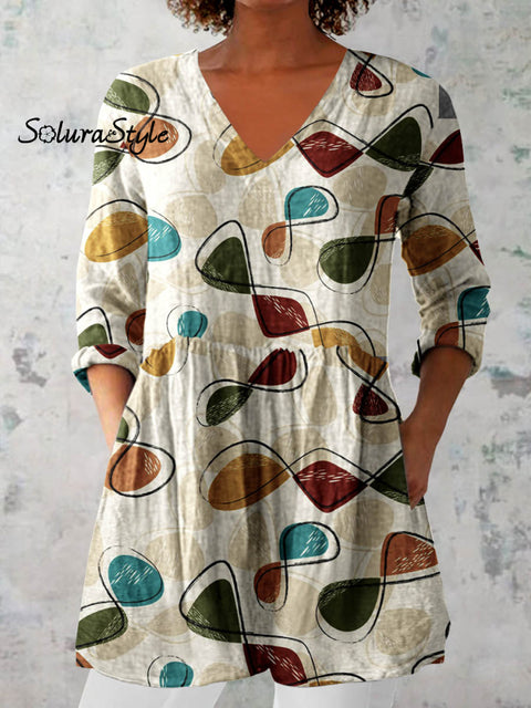 Women’s Art Geometric Print V-Neck Cotton and Linen Top Beige / S