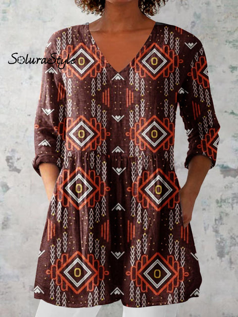 Women’s Art Geometric Print V-Neck Cotton and Linen Top Brown / S