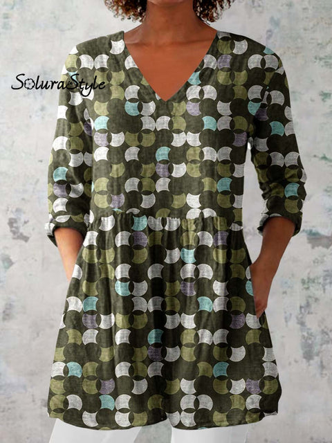 Women’s Art Geometric Print V-Neck Cotton and Linen Top Green / S