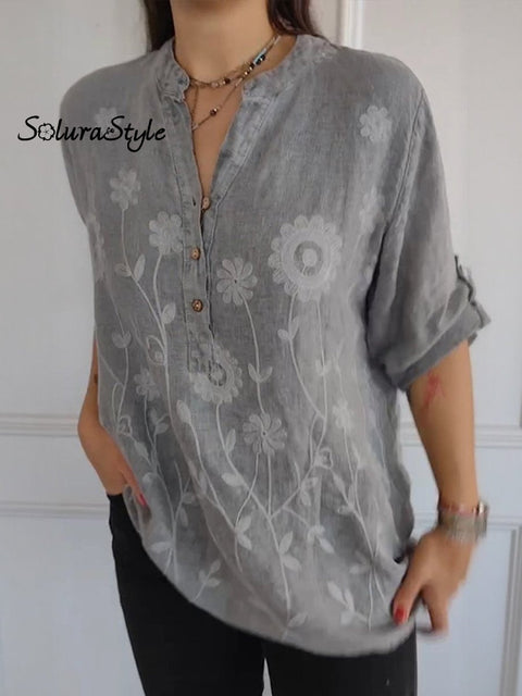 Women’s Art Print Casual Cotton And Linen Henry Collar Shirt