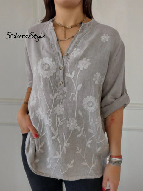 Women’s Art Print Casual Cotton And Linen Henry Collar Shirt Gray / S