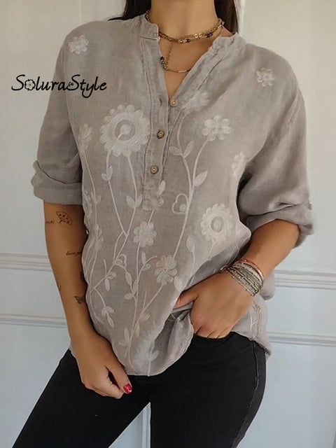 Women’s Art Print Casual Cotton And Linen Henry Collar Shirt Khaki / S