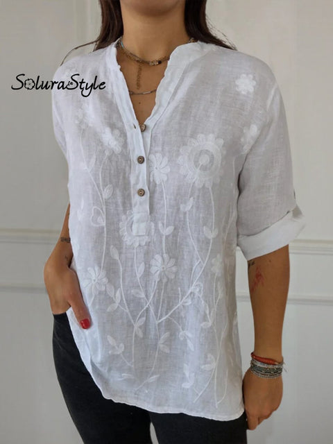Women’s Art Print Casual Cotton And Linen Henry Collar Shirt White / S