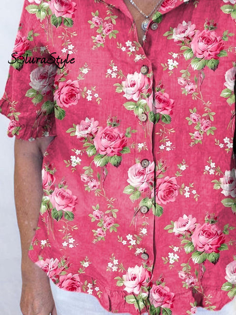 Women’s Art Print Casual Cotton And Linen Ruffles Shirt