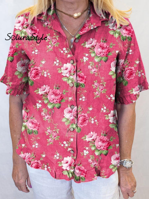 Women’s Art Print Casual Cotton And Linen Ruffles Shirt Multicolor / S