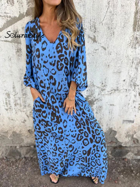 Women’s Art Print V-Neck Casual Dress Blue / S