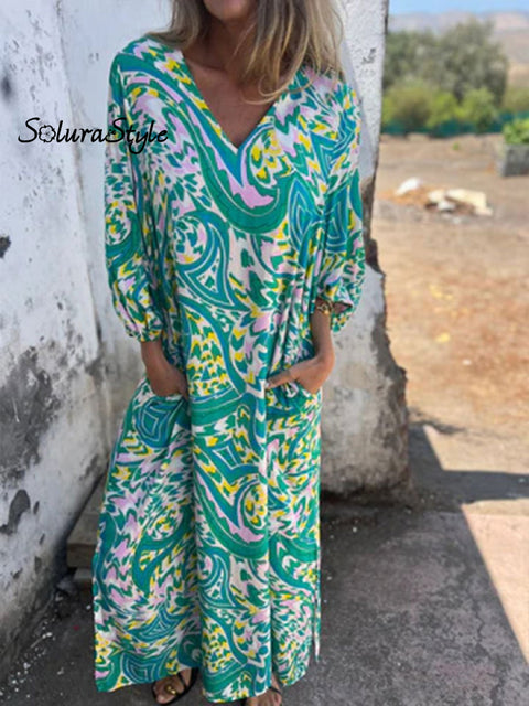 Women’s Art Print V-Neck Casual Dress Green / S