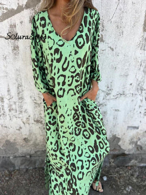 Women’s Art Print V-Neck Casual Dress Green / S