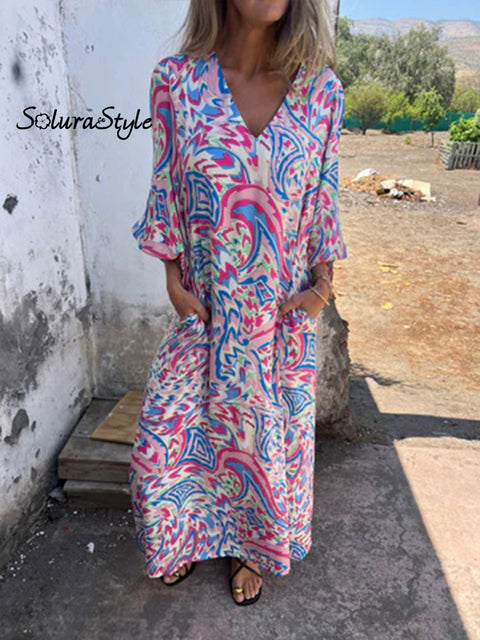 Women’s Art Print V-Neck Casual Dress Red / S