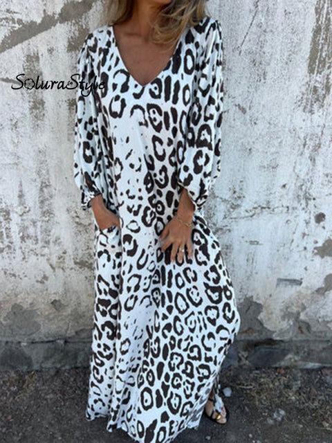 Women’s Art Print V-Neck Casual Dress White / S