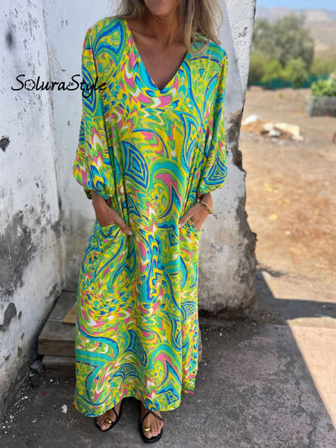 Women’s Art Print V-Neck Casual Dress Yellow / S