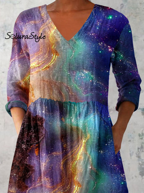 Women’s Artistic Colorful Starry Sky Pattern Cotton and Linen Top
