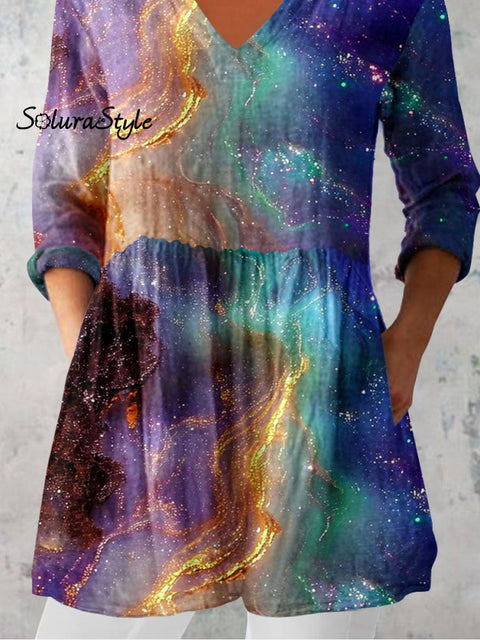 Women’s Artistic Colorful Starry Sky Pattern Cotton and Linen Top