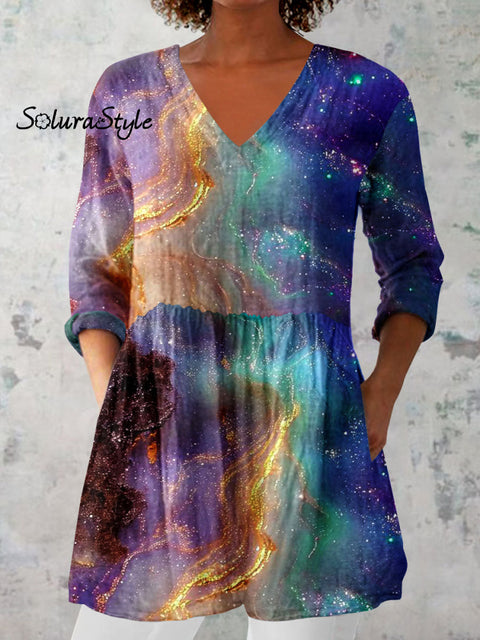 Women’s Artistic Colorful Starry Sky Pattern Cotton and Linen Top Multicolor / S