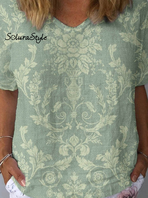 Women’s Artistic Floral Pattern Cotton And Linen Short Sleeve Top