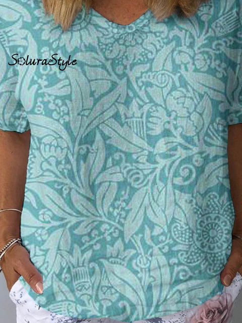Women’s Artistic Floral Pattern Cotton And Linen Short Sleeve Top