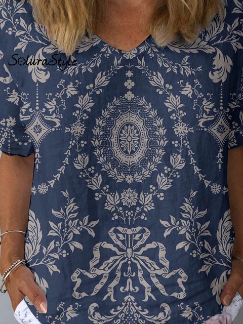 Women’s Artistic Floral Pattern Cotton And Linen Short Sleeve Top