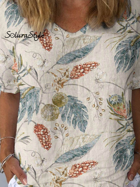 Women’s Artistic Floral Pattern Cotton And Linen Short Sleeve Top