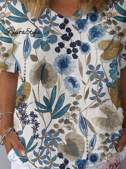 Women’s Artistic Floral Pattern Cotton And Linen Short Sleeve Top
