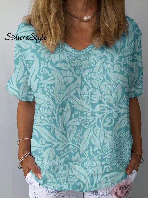 Women’s Artistic Floral Pattern Cotton And Linen Short Sleeve Top Blue / S