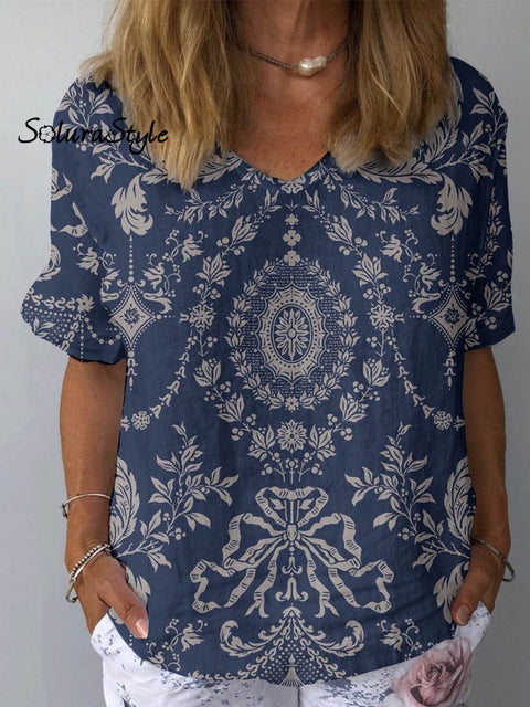 Women’s Artistic Floral Pattern Cotton And Linen Short Sleeve Top Green / S