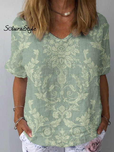 Women’s Artistic Floral Pattern Cotton And Linen Short Sleeve Top Green / S