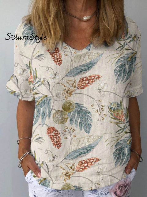 Women’s Artistic Floral Pattern Cotton And Linen Short Sleeve Top White / S