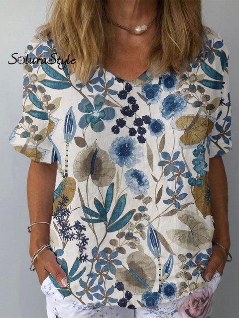 Women’s Artistic Floral Pattern Cotton And Linen Short Sleeve Top White / S