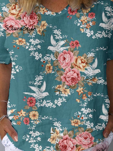 Women’s Artistic Flower Pattern Cotton And Linen Short Sleeve Top