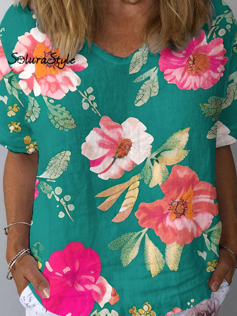 Women’s Artistic Flower Pattern Cotton And Linen Short Sleeve Top