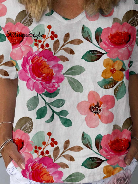 Women’s Artistic Flower Pattern Cotton And Linen Short Sleeve Top