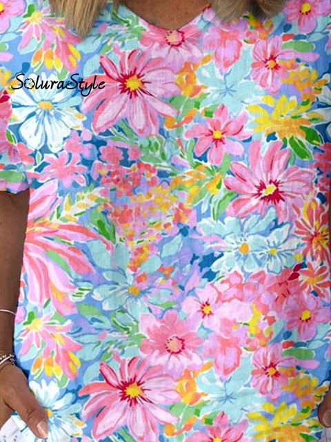 Women’s Artistic Flower Pattern Cotton And Linen Short Sleeve Top