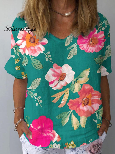 Women’s Artistic Flower Pattern Cotton And Linen Short Sleeve Top Green / S