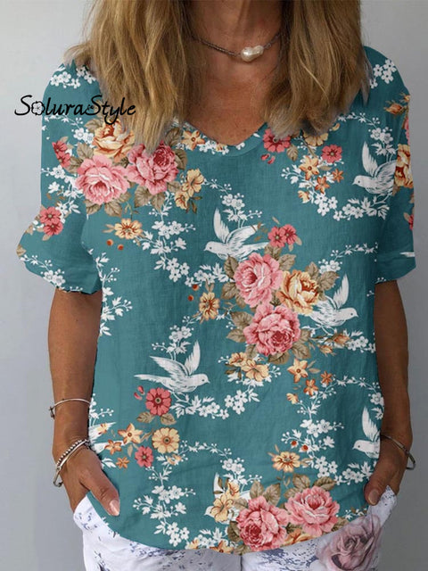 Women’s Artistic Flower Pattern Cotton And Linen Short Sleeve Top Green / S