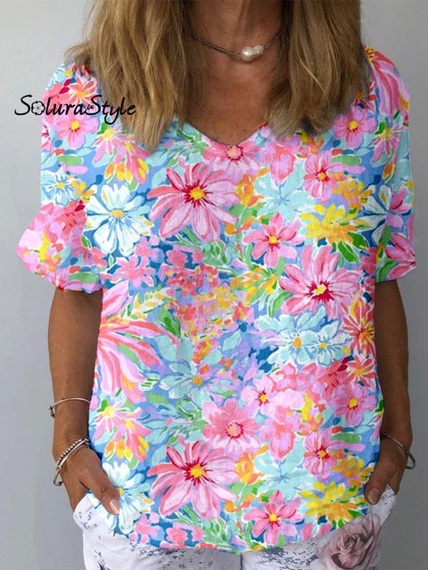 Women’s Artistic Flower Pattern Cotton And Linen Short Sleeve Top Mulitcolor / S