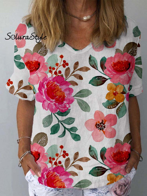 Women’s Artistic Flower Pattern Cotton And Linen Short Sleeve Top White / S